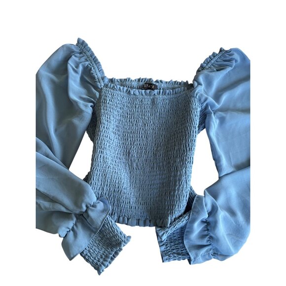 1.State Womens Blue Smocked Crop Top With Puff Sleeves - Small Lightweight - Picture 1 of 14